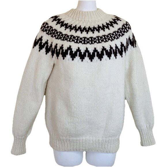 Vintage Hand Knit Wool Fair Isle Pullover Sweater Ivory/Brown Women's Size XS - Picture 1 of 5